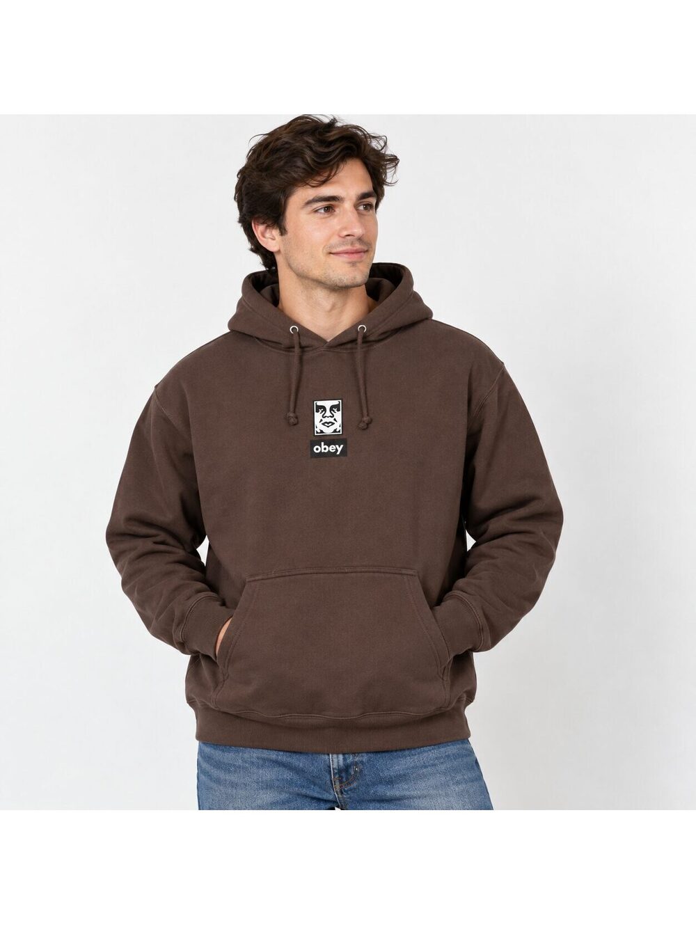 OBEY Worldwide Men's Brown Logo Graphic Pullover Hoodie Sweatshirt Size L